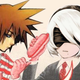 2B holds up two hot dogs while Sora only has one.